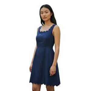 J Crew Women's Size 8 Sheath Dress Navy Blue Sleeveless Scalloped Hem Lined